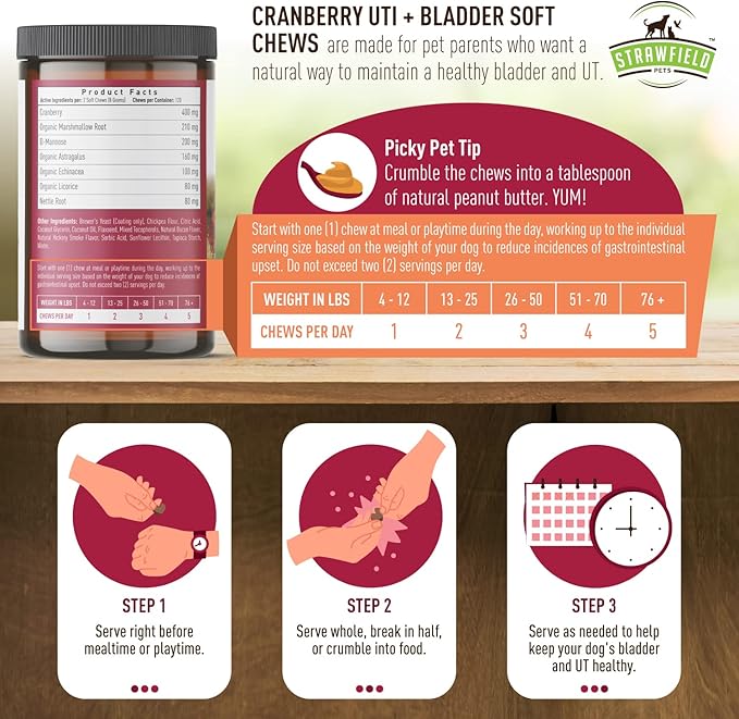 Strawfield Pets' Cranberry UTI + Bladder Soft Chews Cranberry Supplement for Dogs Urinary Tract - Bacon Flavor 120 Chews