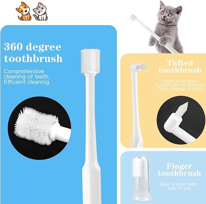 Dog Toothbrush Brushing Kit, Cat Tooth brushing Kit, Suitable for All Cats and Dogs Dental Care. White, Soft Bristles, Pet Toothbrush Kit Meets All Cleaning Needs, Multi-Functional Dental Cleaning