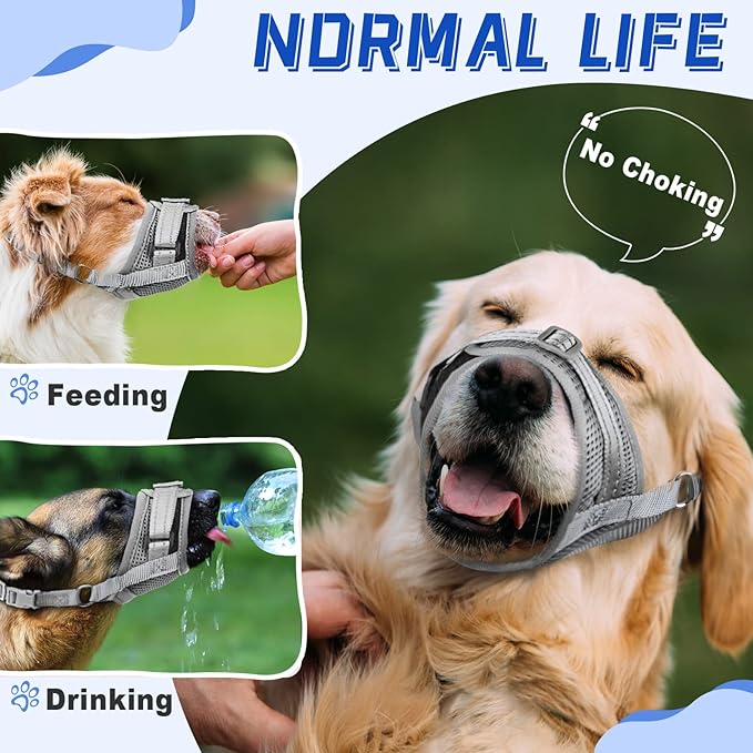 Dog Muzzle Soft Air Mesh Muzzle for Large Dogs, Adjustable Pet Muzzle for Small Medium Dogs to Drink Normally, Breathable Reflective Muzzle for Dogs to Prevent Biting Barking(Grey,L-14)