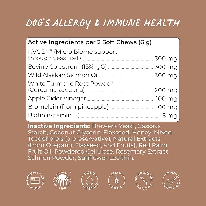 CYMBIOTIKA Dog Allergy and Immunity Supplement, Skin, Coat Health and Immune Support for Pet, Includes Omega Rich Wild Alaskan Salmon Oil, Supplements for Dogs, Salmon & Honey Flavor, 50 Chews