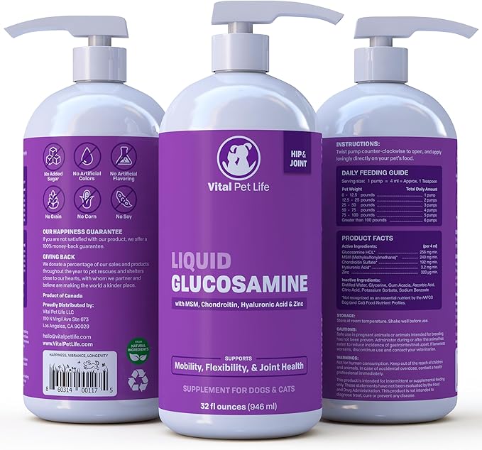 Liquid Glucosamine for Dogs Cats & Horses with Chondroitin, MSM, and Hyaluronic Acid, Hip & Joint Supplement for Mobility & Comfort, Supports Joint Health & Flexibility, Mobility, & Protection, 32 oz