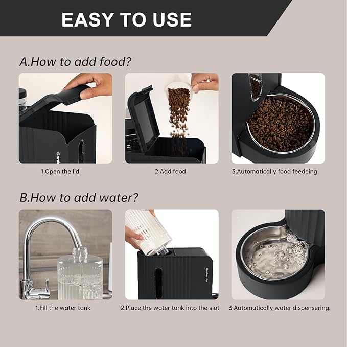 Automatic Gravity Pet Feeder, 1.8 Gallons*2 Dog Feeder and Water Dispenser Set, 2-in-1 Automatic Feeder and Stainless Steel Water Dispenser for Dogs, Cats, Rabbits, Puppies (Black)