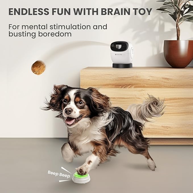 DOG CARE Dog Camera Treat Dispenser, 1080p HD 360° View Pet Camera with AI Tracking, Barking Alert, Selfie Alert, 2-Way Audio, Night Vision, 2.4G/5G WiFi Pet Monitor for Dogs Cats (White)