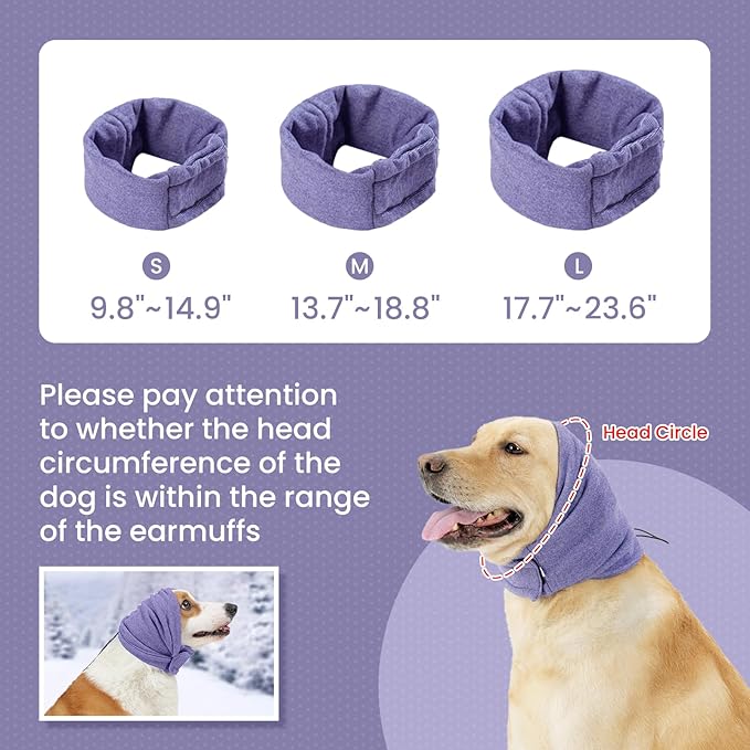 Dog Ear Cover for Anxiety Relief, Dog Ear Muffs, Dog Calming Hoodie Head Cover Sleeves with Velcro, Pet Cats and Dogs Ear Protector, and Bathing Warm Winter Dog Ear Scarf(Purple, S)