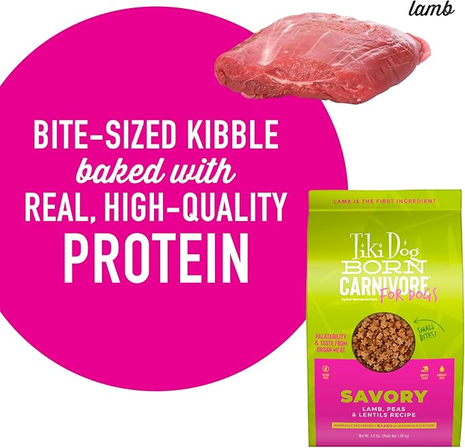 Tiki Dog Born Carnivore for Dogs, Savory Lamb, Peas & Lentils Recipe, Grain Free Baked Kibble for Maximum Nutrition, For Adult Dogs and All Size Breed Dogs, 3.5 lbs. Bag