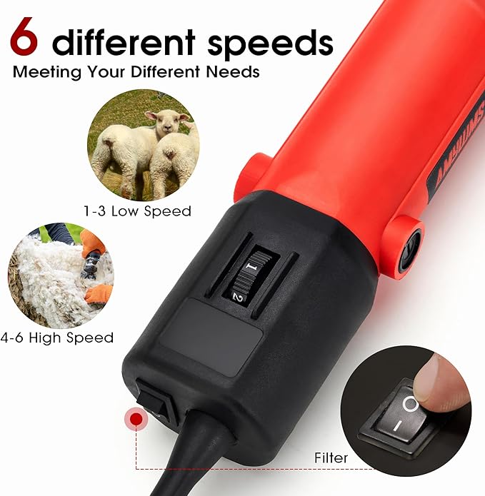 Sheep Shears Electric 550W - Upgraded Professional Sheep Clippers One Blade, 6 Speed Heavy Duty Livestock Haircut for Grooming Sheep Goats Large Dog Thick Coats Animals No Lubricant(Red)