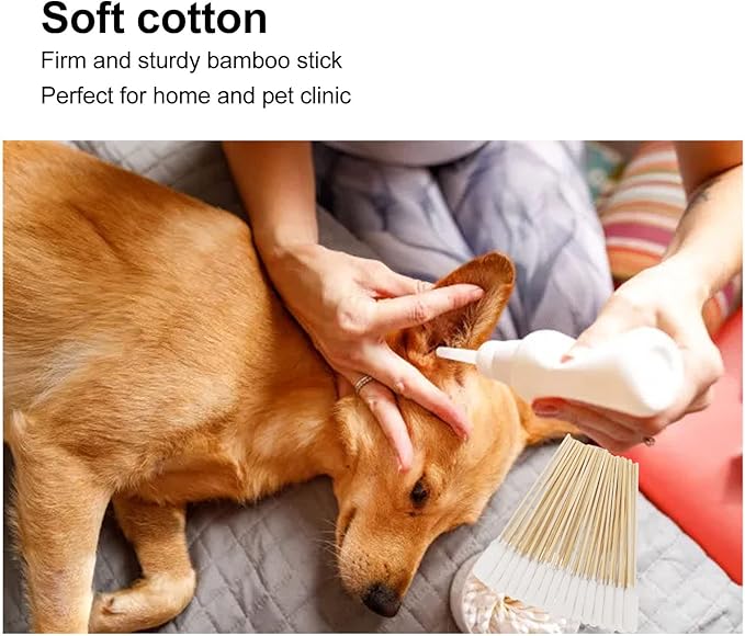 100Pcs Cotton Buds for Dogs and Cats, 6 Inch Long Qtips, Professional Dirt Removal Bamboo Stick Pet Lengthen Cotton Swabs for Cleaning Dog and Cat Ears, Apply Medicine, Clean Wound