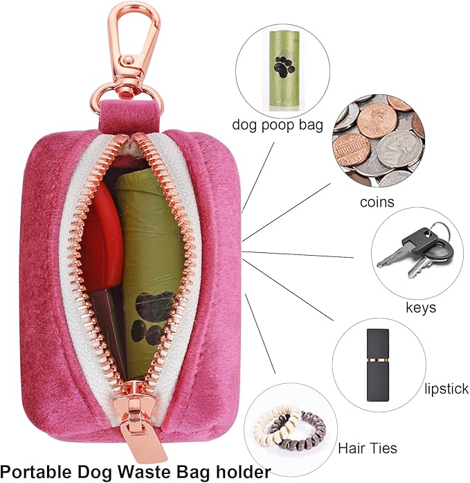 ARING PET Dog Poop Bag Holder, Velvet Doggy Waste Bag Dispenser Attach to Any Leashes, Portable Washable Pet Waste Pouch Dispenser with Metal Zipper