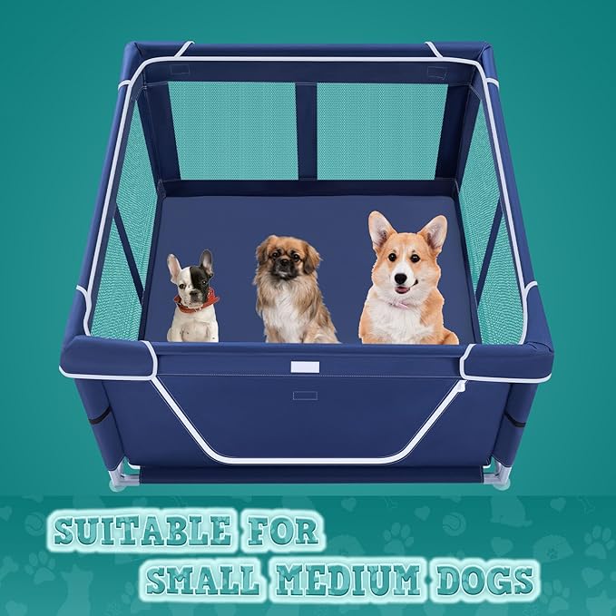 42x42x25.6 Inch Puppy Playpen with Cover, Dog Playpen for Puppies or Small Dogs, Dog Fence Pet Playpen for Indoor & Outdoor, Sturdy Safety Dog Pen with Thickened Fabric, High-Strength Nylon Wire Mesh