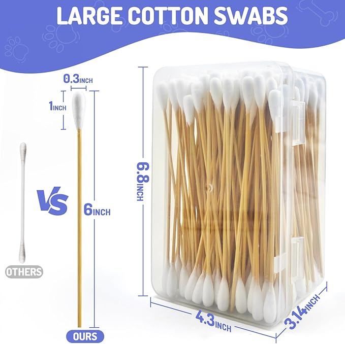 200pcs Large Cotton Swabs in Storage Box, 6 Inch Long Cotton Swabs with Bamboo Handle for Dogs - Professional Dog Ear Swabs, Big Cotton Swabs, Specially Designed for Dogs, Cleaning Solution