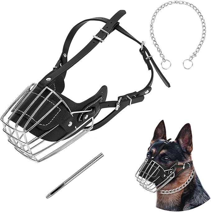Dog Muzzle, Dog Metal Face Basket, Dog Mouth Breathable Adjustable Leather Leash Suitable for Large Medium-Sized Dogs.