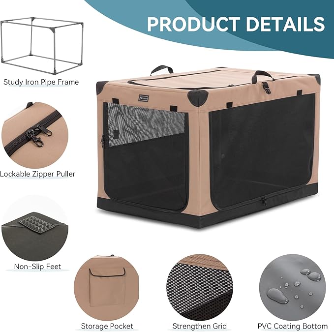 Dog Crates for Large Dogs, Adjustable Fabric Cover by Spiral Iron Pipe, Strengthen Sewing Soft Dog Crate 3 Door Design,'39.5'' X 25'' X 25''