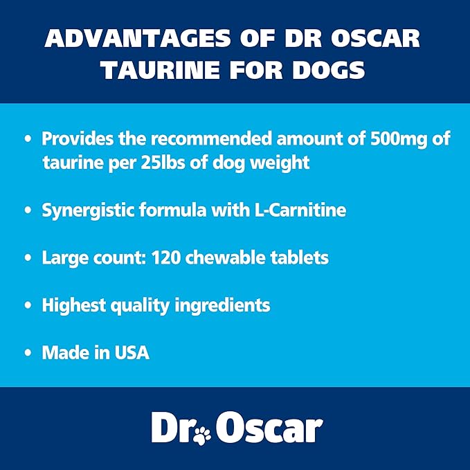 Taurine Supplement for Dogs Meets RDA of 500 mg per 25lbs Weight Unlike Most Alternatives, 120ct, Vet Endorsed for Enlarged Heart (DCM), Congestive Heart Failure (CHF) Taurine Deficiency, Heart Murmur
