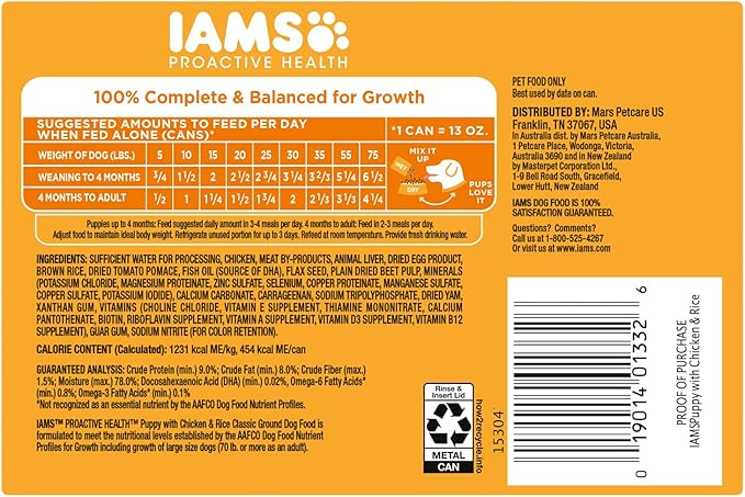IAMS PROACTIVE HEALTH Puppy Wet Dog Food Classic Ground with Chicken and Rice, 12-Pack of 13 oz. Cans