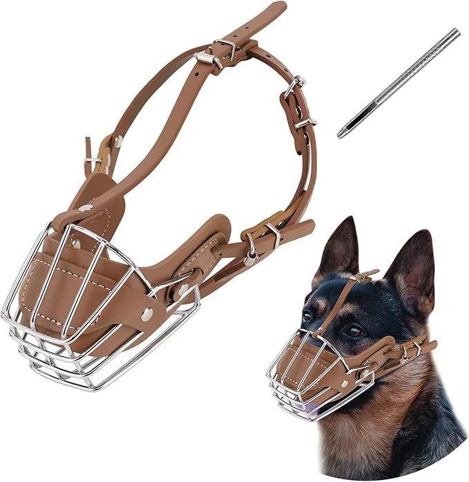 Dog Muzzle, Dog Metal Face Basket, Dog Mouth Breathable Adjustable Leather Leash Suitable for Large Medium-Sized Dogs (BrownM)