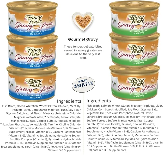 Fancy Feast Wet Cat Food Gravy, Grain Free Chicken Hearts & livers, Turkey, Beef and Seafood Variety Bundle (Pack of 18) 3oz. Cans & 1 Exclusive kit (1x can Sealer, 1x can Opener, 1x Mouse Toy)