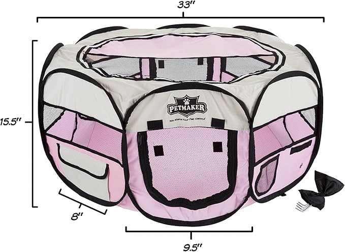 Portable Puppy Playpen - Small Pop-Up Play Yard for Pets Up to 25lbs with Mesh Windows, 2 Pockets, Zippered Roof, and Carry Bag by PETMAKER (Pink)