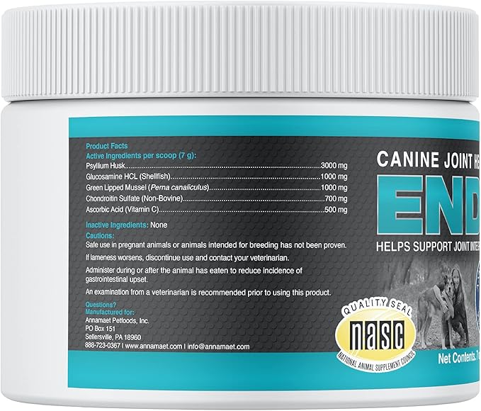 Annamaet Endure – Hip & Joint Powder Supplement for Dogs – with Glucosamine, Chondroitin and Green Lipped Mussel for Joint Support and Psyllium for Gut Health - 200 g