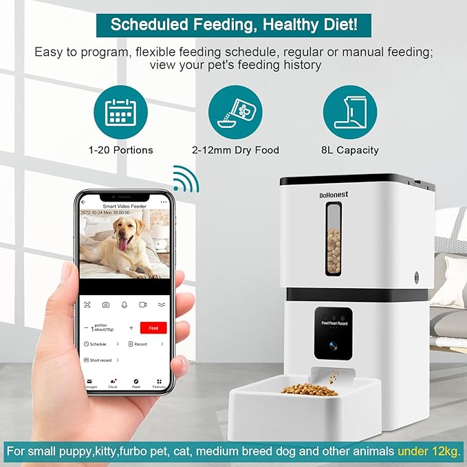 DoHonest Automatic Dog Feeder with Camera - 5G WiFi Easy Setup 8L Motion Detection Smart Cat Food Dispenser 1080P HD Video Recording 2-Way Audio Timed Pet Feeder App Control Night Vision
