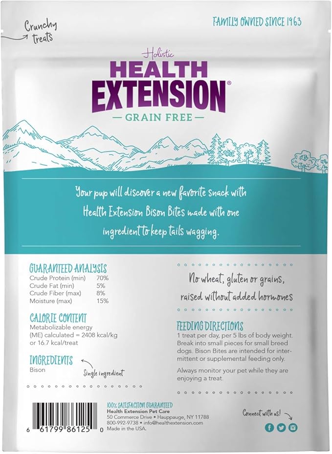 Health Extension 100% Pure Bison Bite Treats for Dogs-Single Ingredient, Grain-Free, High-Protein Snacks for All Breeds & Ages-Dried Bison(4.5Oz/127g)