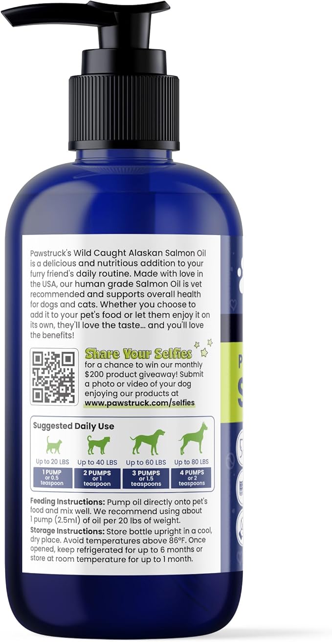 Pure Human-Grade Wild Alaskan Salmon Oil for Dogs & Cats - Vet Recommended Omega 3 & 6 Extra Strength Supplement Food Topper with EPA DHA Fatty Acids for Skin, Coat, Joint, and Immune Support