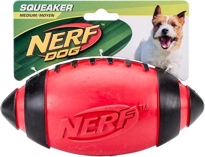 Nerf Dog Ridged Football Dog Toy with Interactive Squeaker, Lightweight, Durable and Water Resistant, 7 Inch Diameter for Medium/Large Breeds, Single Unit, Green