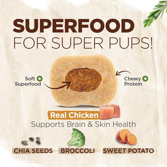 Natural Farm Natbones Superfood, All Natural Chicken Flavor Dog Treats (12 Pack) - Chewy Chicken Protein with Chia, Sweet Potato, Brocolli and Omega - Soup Bone, Dog Chews Engaging Dual Texture