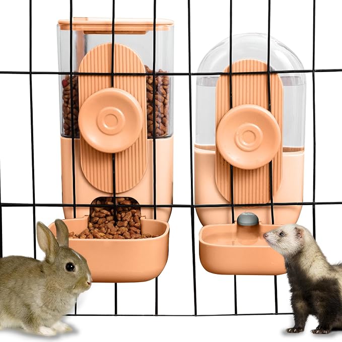 Hanging Automatic Rabbit Feeder for Cage,Small Animal Food and Water Dispenser,Rabbit Water Bottle,Guinea Pig Food Bowl Water Dispenser,Gravity Feeder and Waterer for Cats Dogs (Orange)