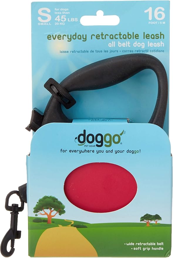 doggo Everyday Retractable Dog Leash, 13' Long Belt, Small for Dogs Up to 45 lbs, Red with Black Soft Grip Handle