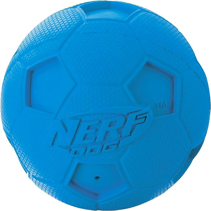 Nerf Dog Soccer Ball Dog Toy with Interactive Squeaker, Lightweight, Durable and Water Resistant, 2.5 Inches, For Medium/Large Breeds, Two Pack, Blue and Red