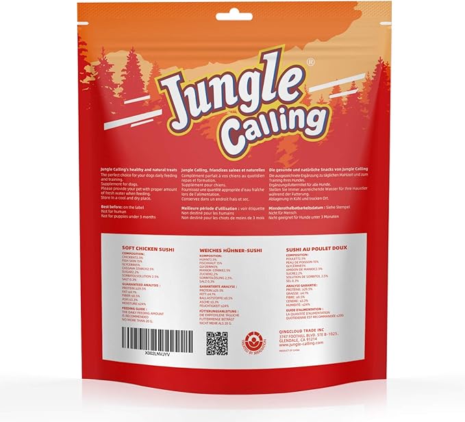 Jungle Calling Dog Treats, Soft Chicken Treats for Dogs & Cats, High Protein Grain Free Chewy Chicken & Codfish Dog Treats for Small Dogs, Chewy Puppy Training Treats, Chicken Sushi Treats, 10.6 oz