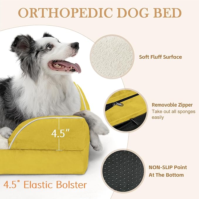 Waterproof Dog Beds Large Sized Dogs, Large Dog Beds Orthopedic Foam, Comfy Pet Bed Sofa with Washable Removable Cover & Non-Slip Bottom(Large,Spicy Mustard)