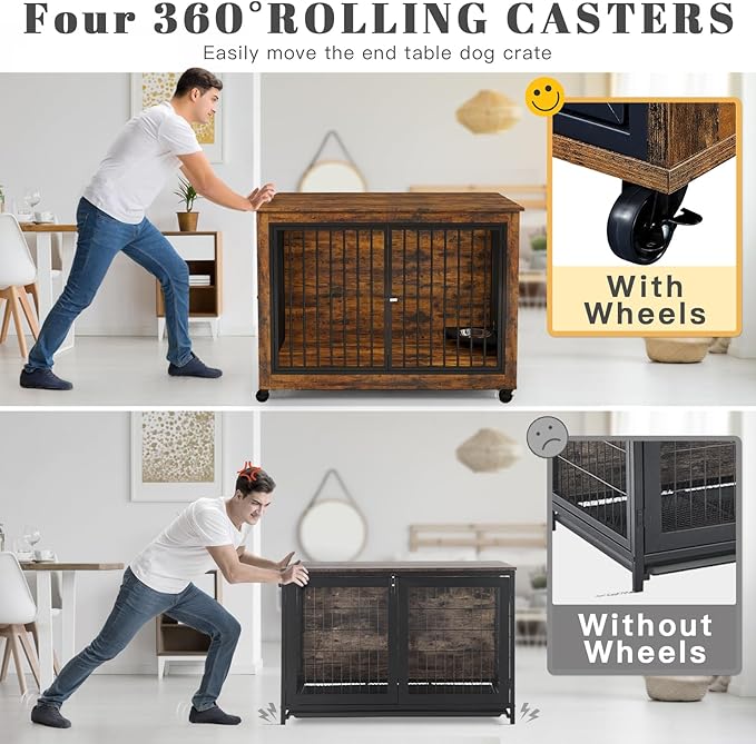 44 Inch Large Wooden Dog Crate Furniture with 180° Rotatable Bowl, Brown Multi-Functional Dog Crate End Table with Wheels, Furniture Dog Crate for Large Dogs with Flip-up Top Opening