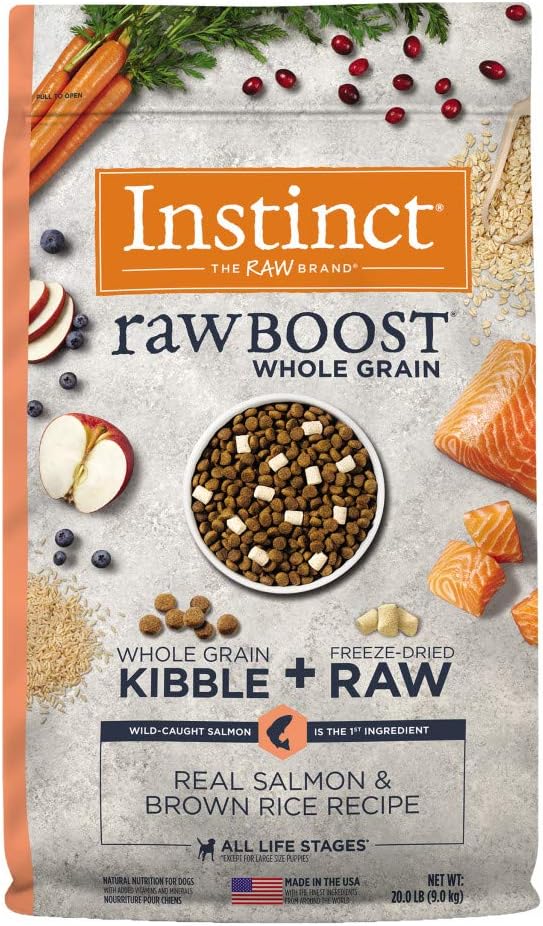 Instinct Raw Boost Whole Grain Dry Dog Food, Natural Real Salmon & Brown Rice Recipe Kibble with Omegas + Freeze Dried Raw Dog Food, 20 lb. Bag