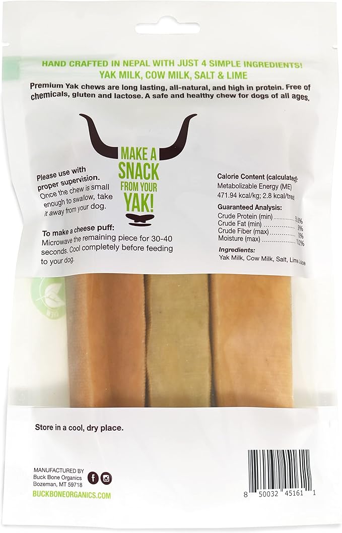 Buck Bone Organics Yak Cheese Chews for Dogs, All Natural Himalayan Yak Chew, Long Lasting Pet Treats, Odor Free, with Limited Ingredients (3 Ex Large Sticks)