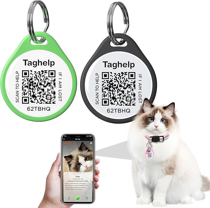 (2 Pack) QR Code Pet ID Dog cat Tags for Collar Personalized for Pet Online Profile - Scan QR Receive Instant Pet Location Alert Email, Anti-Lost,No Subscription fees (Black & Green, for cat - 1")