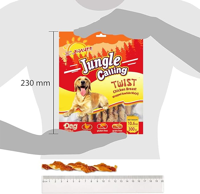 Jungle Calling Dog Treats, Natural Chicken Wrapped Rawhide Sticks, Grain-Free Training Rewards Chews for Small and Medium Puppy,10.6oz