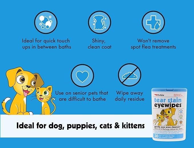 Petkin Pet Eye Wipes, 30 Moist Wipes - Gentle Eye Cleaning Wipes Remove Dirt, Discharge, & Tear Stains - Super Convenient Pet Wipes for Dogs, Cats, Puppies & Kittens - Ideal for Home or Travel