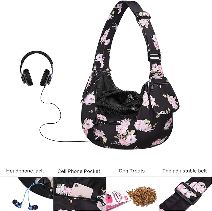 MOSISO Dog Cat Sling Carrier, Pet Dog Carrier Camellia Tote Bag Hands Free Adjustable Padded Strap Breathable Polyester Soft Carrying Travel Shoulder Bag with Front Pocket for Small Dog Cat, Black