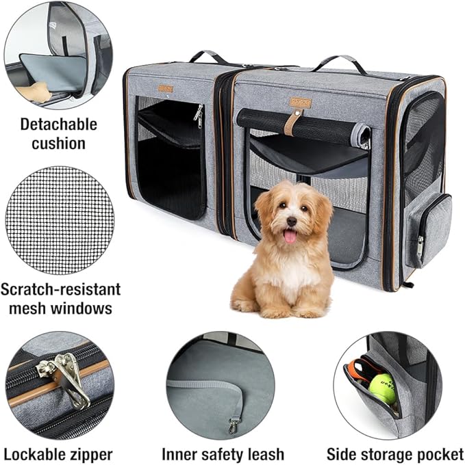 Lekereise 2-in-1 Cat, Dog Carrier for Small Medium Large Pets up to 35 Lbs, (17.7"*2)*16.5"*13" Car Travel Carrier with Litter Box, Bowl, and Locking Zipper - Dark Gray