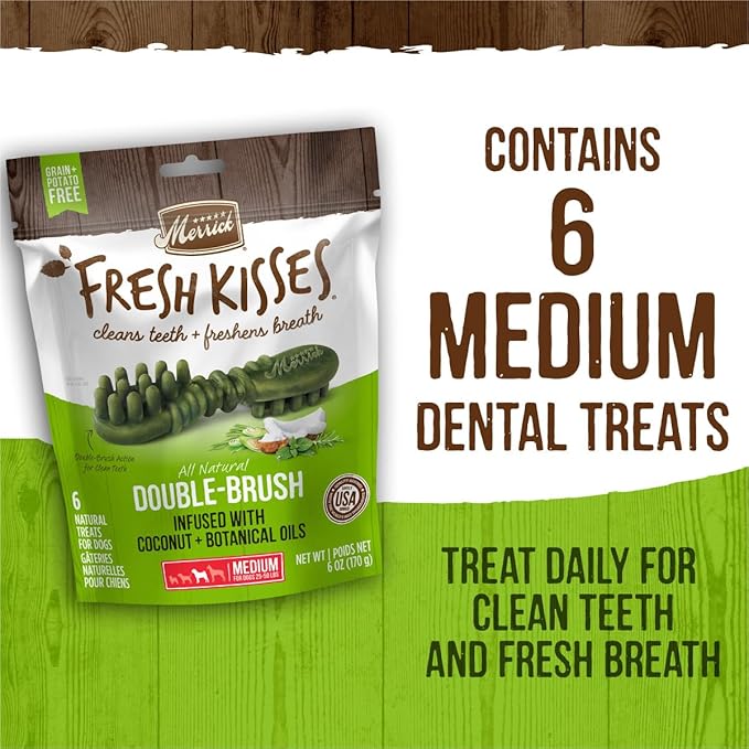 Merrick Fresh Kisses Natural Dental Chews Infused With Coconut And Botanical Oils For Medium Dogs 25-50 Lbs - 10 ct. Bag