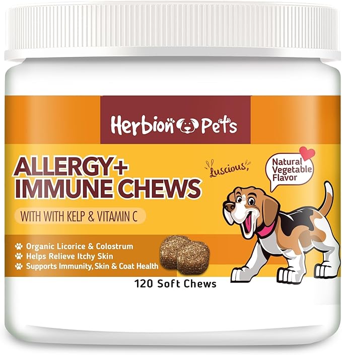 Herbion Pets Allergy + Immune Chews with Kelp & Vitamin C, 120 Soft Chews - Supports Immunity, Skin and Coat Health - Relieves Itchy Skin - Made in USA - Natural Vegetable Flavor - for Dogs 12 Weeks+