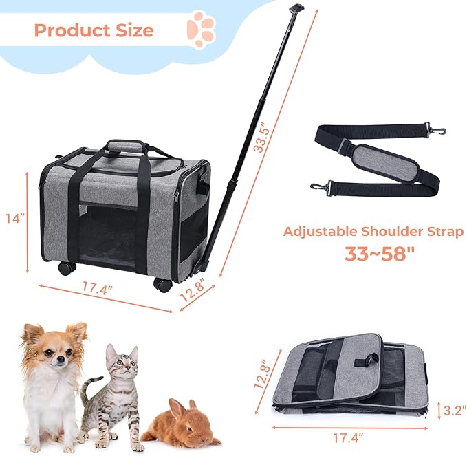 COOLBEBE Cat Dog Carrier with Upgraded Wheel, Collapsible Airline Approved Pet Carriers for Small Dogs and Cats,Soft Animal Travel Carrier Bag for Flight Outdoor Camping (Grey)