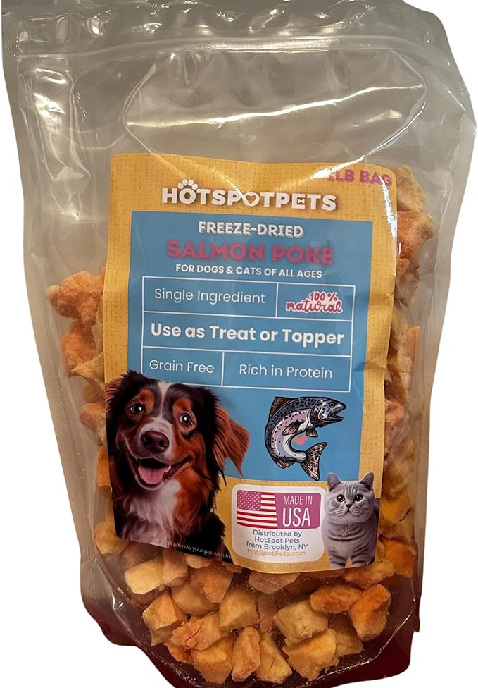 hotspot pets Freeze Dried Salmon Treats for Cats & Dogs -Made in USA-1LB BIG BAG -Resealable-Single Ingredient All Natural Grain-Free- Perfect for Training, Topper or Snack (Salmon Poke)
