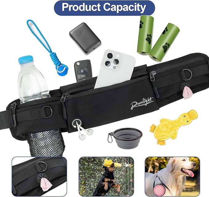 Hands Free Dog Leash Crossbody Dog Running Leash Waist Belt with Zipper Pouch for Small Medium Large Dogs Waist Dog Leash Fanny Pack for Walker Training Jogging Black