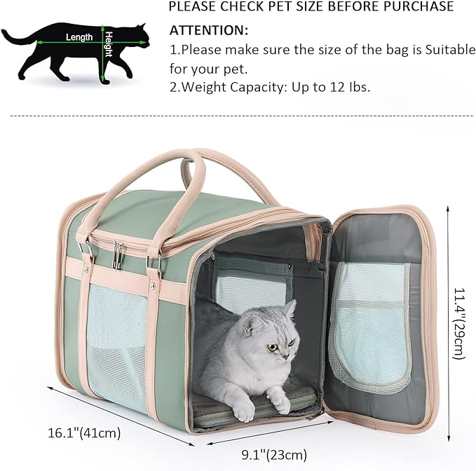 Cat and Dog Tote Bag for Medium Sized Cats up to 15 LBS, Foldable, Most TSA Airline Approved Carrier Soft Sided,Tote/Shoulder Pack,Cute cat Carrier——Avocado Green