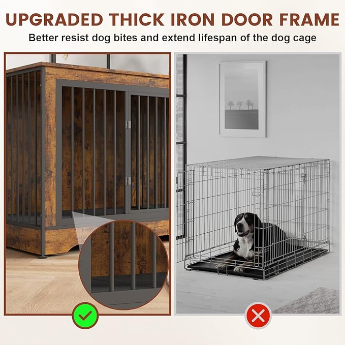 75 Inch 3-in-1 Large Double Dog Crate Furniture for 2 Dogs Durable Rustic Brown Dog Crate TV Stand with Trays and Divider