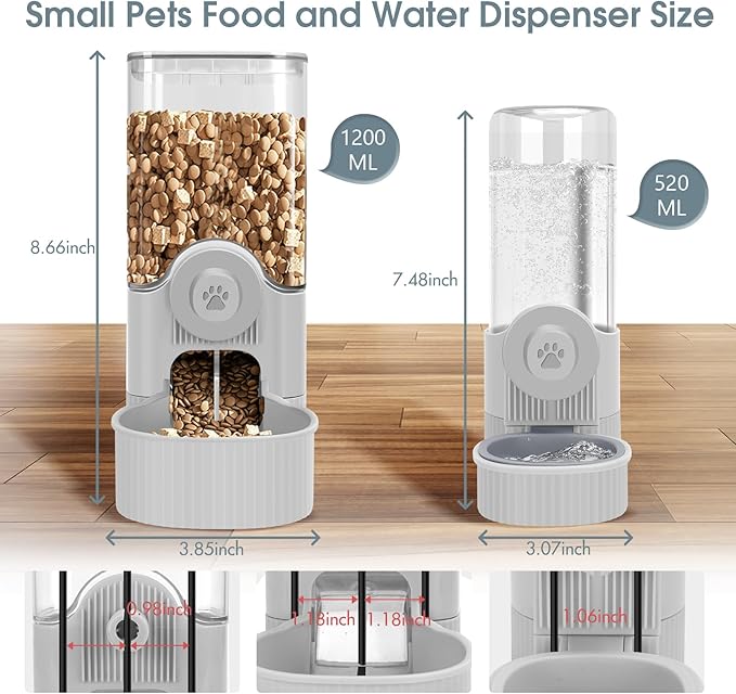 Hanging Cage Automatic Small Pet Food Bowl Water Bottle Dispenser, Detachable Auto Gravity 1.2L Self-Feeding Feeder and 0.52L Waterer Set Kennel Feeding Station for Puppy Cats Rabbit(Grey)