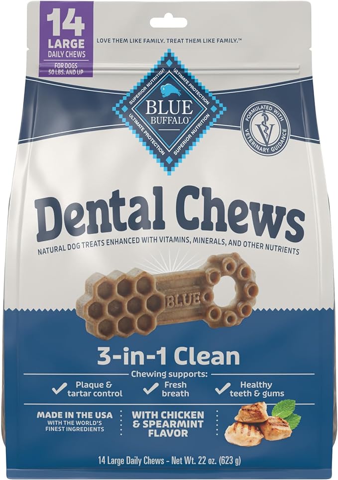 Blue Buffalo Dental Chews Large Natural Dog Treats, Chicken & Spearmint 22-oz Bag (14 Count)