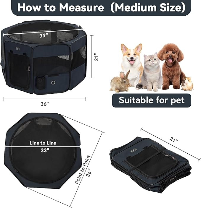 PETSFIT Dog Playpen, 36" Sturdy Pop Up Dog Kennel Foldable Dog Pen Indoor Outdoor Puppy Playpen for Medium Dogs Cats with Traveling Bag Zipper Sealed Removable Mesh Top Leakproof Bottom Mat Black M